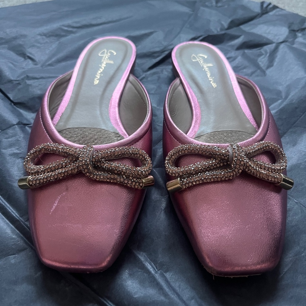 Guilermina Pink Metallic Leather Mules Flats Slip-On Shoes 6 M